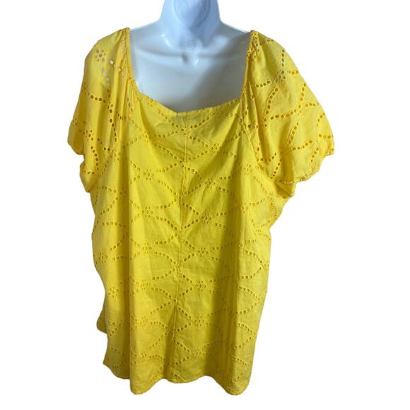 Lane Bryant Blouse Sz 24 (3X) Yellow Eyelet Classic Top Short Sleeve Cotton - Picture 5 of 8